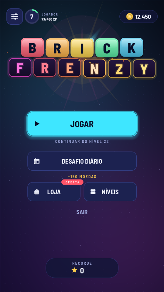 Tela inicial do Brick Frenzy